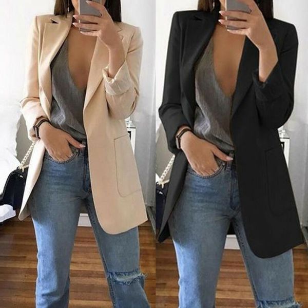 

2020 new arrival women ladies long sleeve cardigan slim jackets suit coat work jacket casual mid coat lapel, White;black