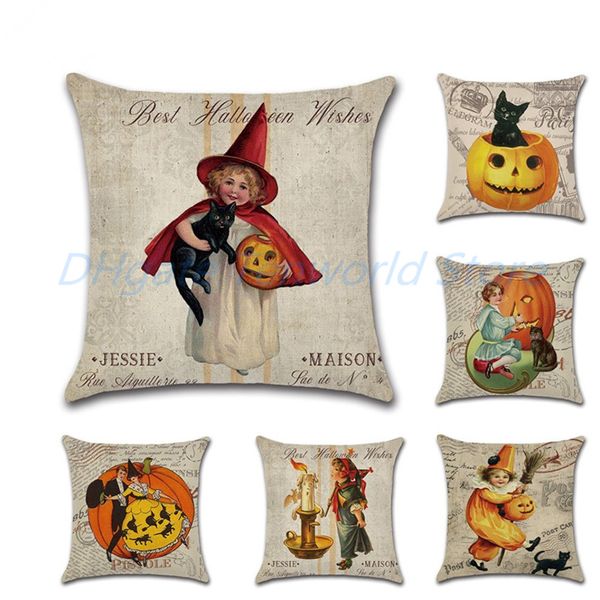 

vintage halloween girl pumpkin classic nostalgia linen throw pillow case car home decoration decorative pillowcase cushion cover