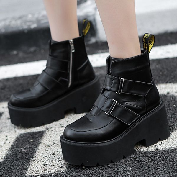 

women boots warm plush winter leather zipper rough high punk fashion ladies shoes platform ankle boots increase height, Black