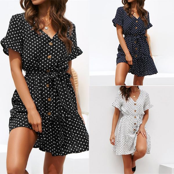 

Plus Size Chiffon Summer Dress Boho Beach Dress Women Sexy V Neck Short Sleeve Casual Dot Dress