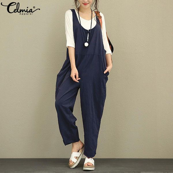 

celmia plus size women cotton long jumpsuit summer rompers casual sleeveless buttons loose overalls linen wide leg pant playsuit, Black;white