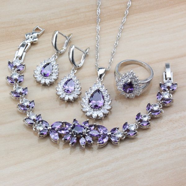 

beautiful young women romantic wedding costume with natural crystal purple 925 silver jewelry sets and independent jewelry box, Slivery;golden