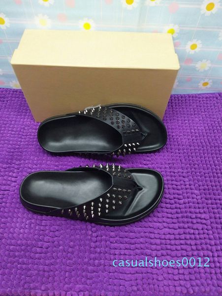 

2019 men sandals fashion women casual red bottom slipper brand male shoe cow leather man genuine leather shoes with box c12, Black