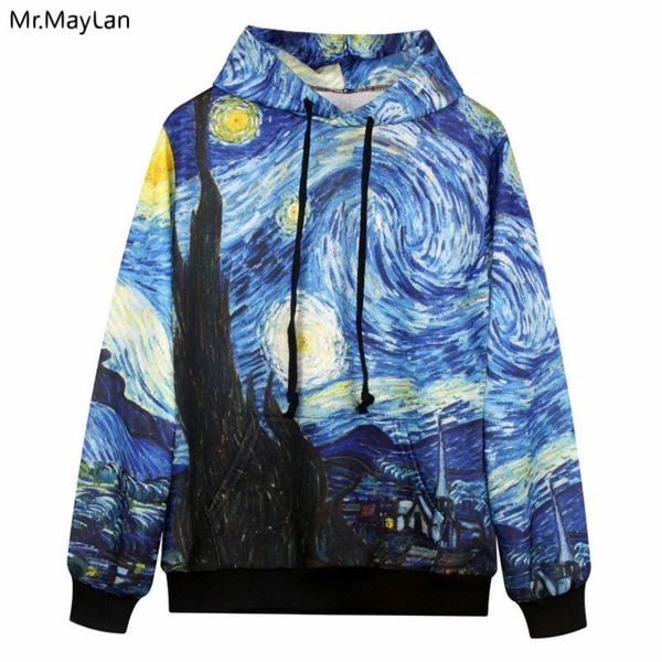 

oil 3d print van gogh painting starry night tracksuit women/men autumn hoodies hood casual sudadera mujer sweatshirts jacket, Black