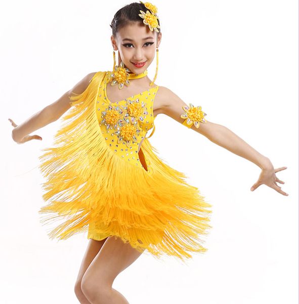 

new kids tassel flower latin rumba cha cha salsa tango vestido latino latin dance dress competition yellow purple red, Black;red