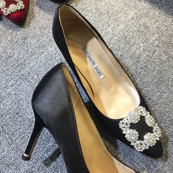 

2019 silk satins pillage pointed diamond shoes 8.5cm high heels rhinestone white dimond pumps wedding dress shoes 34-41, Black