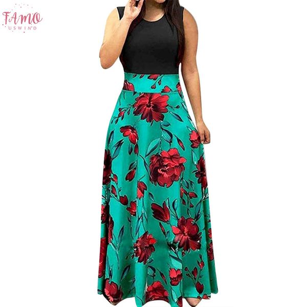 

2020 new summer women dress elegant sleeveless floral printed sundress twill casual swing party maxi sundress 9031942, Black;gray