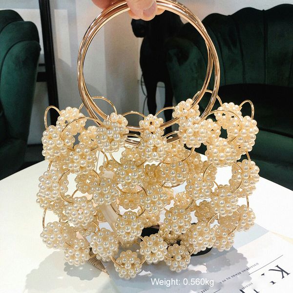 

2019 summer new style gold fashion white female bag korean hand-woven pearl flower bag hollow dinner fine fashion tide