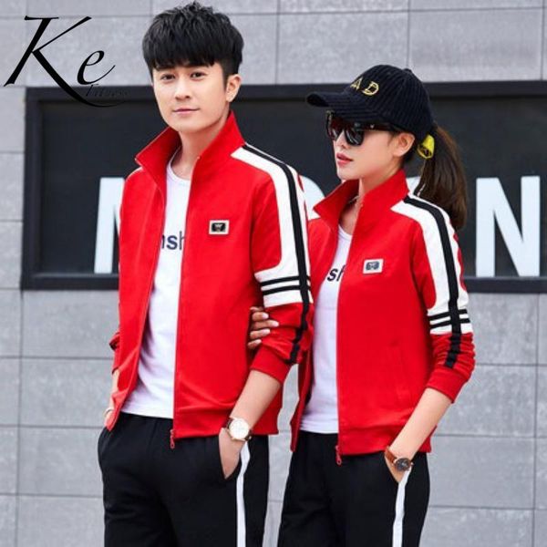 

ke new 2020 sport set red couples men women sports suit 3 pieces casual sportswear big sizes plus large 4xl cotton long sleeve, White;black