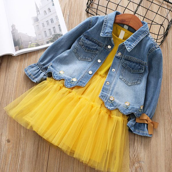 

spring fashion children clothing sets bowknot long sleve denim jackets+sleeveless patchwork mesh dress 2pcs girls clothes sets t200413, White