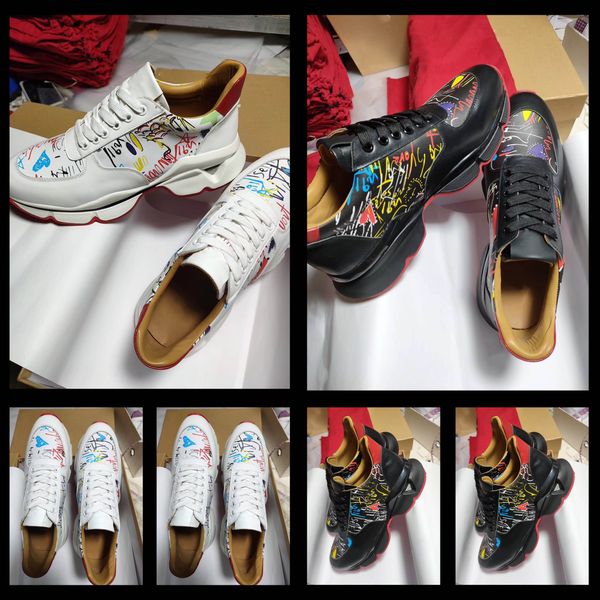 

designers graffiti red bottoms flat sneakers fashion runway leather muffin shoes men flat casual shoes 38-45, Black