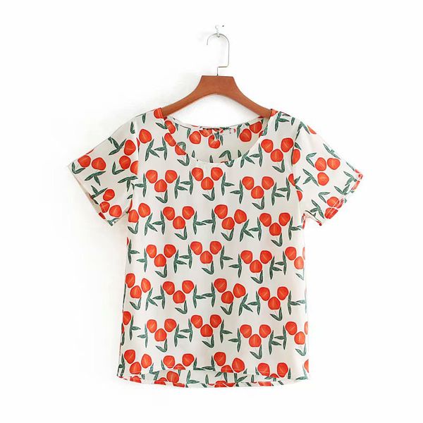 

blouses for women casual round neck fruit printl cap short sleeve women shirt ladies blusas femininas, White