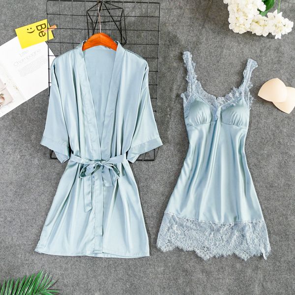 

cyan-blue nightgowns women nightwear lace camisola lingerie women's new sleep dress with robe nighty wedding nightdress, Black;red