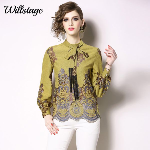 

willstage tassel lace blouses women elegant mesh hollow out shirts bow lace up office ladies work wear 2019 summer autumn, White