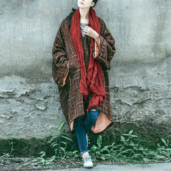 

johnature women wool coat vintage 2019 winter new turn-down collar button plus size women clothing plaid warm long sleeve coats, Black