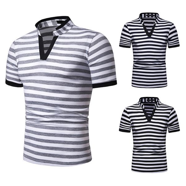 

2019 новый стиль мужчины v-образным вырезом stripes моды сыпучие с коротким рукавом рубашки полот d31, White;black