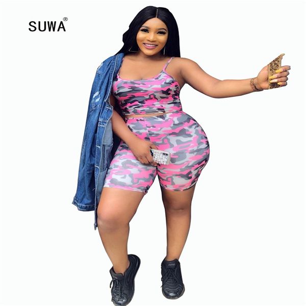 

2020 newon summer casual women camouflage print two piece set short tank and shorts femme tracksuit women suit, White