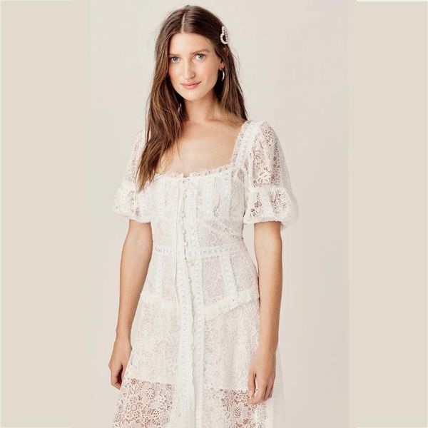

peri hollow out women dresses short sleeve perspective maxi dresses female french romance for love square collar ladies dress, White
