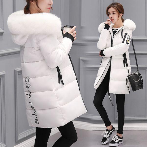 

summer 2019 winter women fur collar long hoodie down parkas jacket plus size long hooded down thick parkas, Black