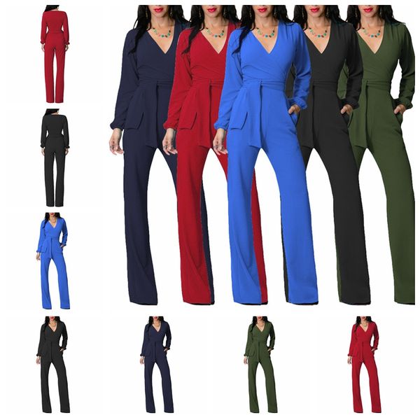 

europe united states fashion sets v-neck thin belt long-sleeved pocket siamese pants s, , l, xl support mixed batch, Black;white