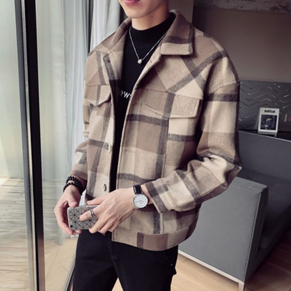 

2019 autumn and winter new youth single-breasted woolen windbreaker men's lapel japanese lattice loose coat men's shirt, Black