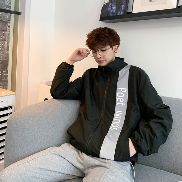 

2019 spring and autumn new youth jacket men's harbor wind loose reflective strip fashion casual stand collar black m-2xl, Black;brown