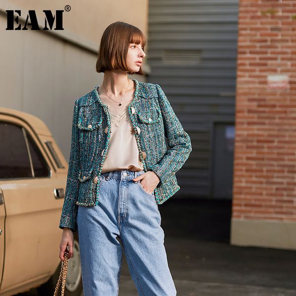 

eam] loose fit single breasted green plaid tweed woolen coat parkas new long sleeve women fashion tide autumn winter 2019 1h082, Black