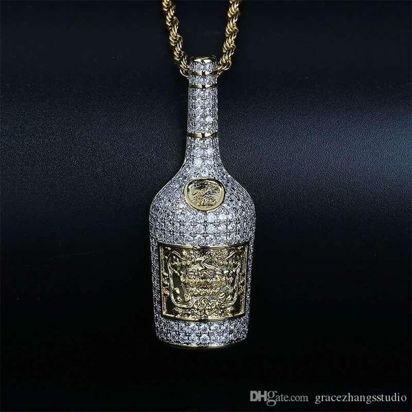 

hip hop whisky bottle pendant necklaces for men women luxury diamonds wine bottle pendants 18k gold plated copper zircons chain necklace, Silver