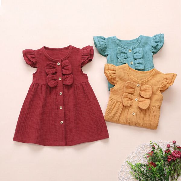 

2020 baby summer clothing infant baby girls kids linen cotton bow dress ruffle formal party cotton linen clothes 1-6y, Red;yellow