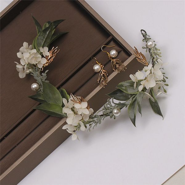 

korean style white real dry flower garland earrings sets fairy princess tiara hairbands hair jewelry brides, Golden;white
