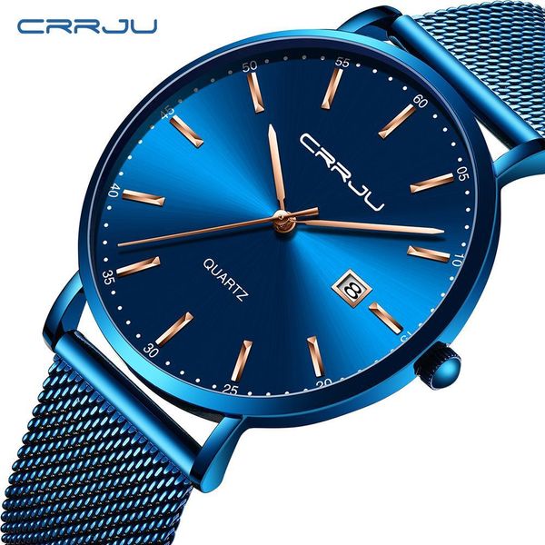 

reloj hombre crrju brand luxury blue waterproof watches slim stylish date casual quartz watch men sports mesh strap clock, Slivery;brown