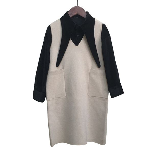 

4 to 14 years kids & teenager girls black blouse with beige jumpsuit dress two pieces set child fall winter casual sets clothes, White
