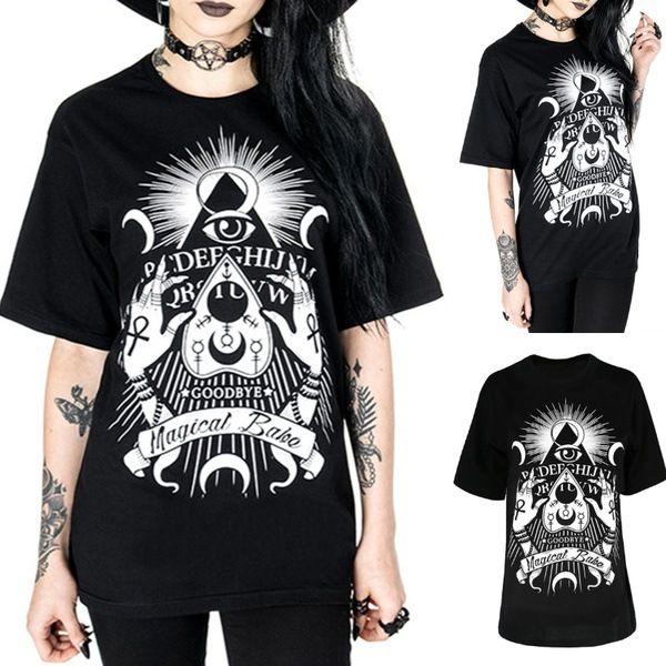 

fashion european and american punk style personality print short sleeve t-shirt women's casual loose punk short sleeve, White