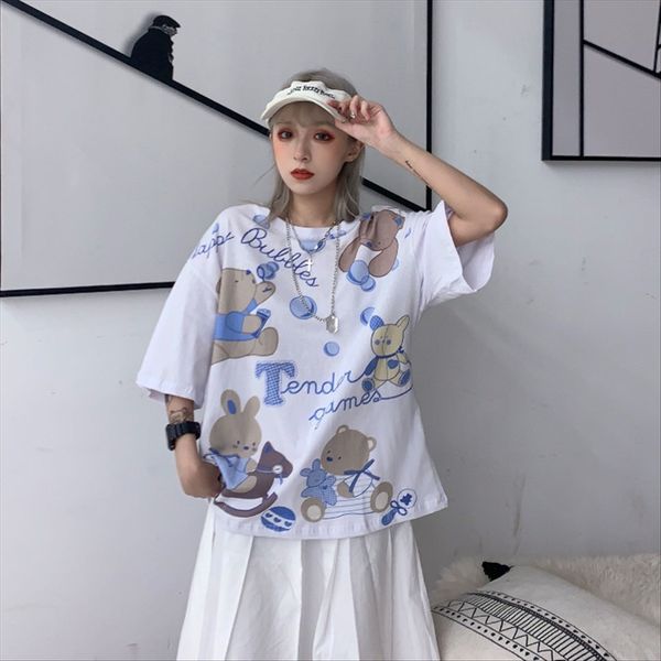 

women's underpants ins loose all-match cartoon bear printed midi short-sleeved women's t-shirt underpants ins loose all-match cart, White