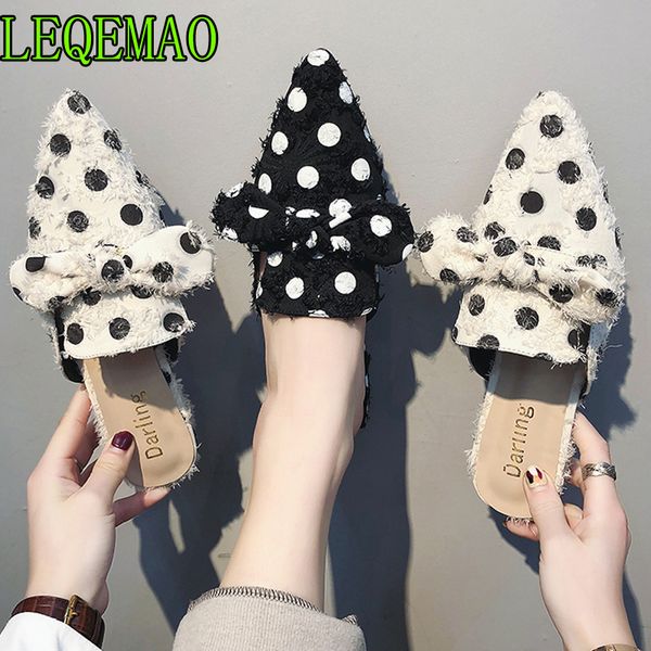 

polka dot women pumps square heel women sandals fashion bow tie mules casual pointed toe slip on slippers, Black