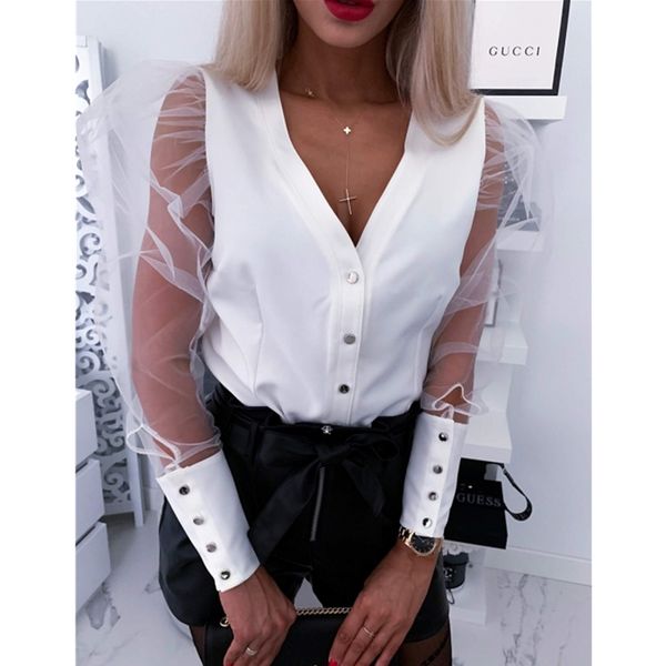

hirigin new women v neck sheer see-through long puff sleeves blouse lady fashion mesh shirts blouse, White