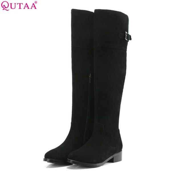 

qutaa 2019 квадратный каблук женская мода обувь platofrm корова замша круглый toe все match winter boots all match boots большой размер 34-4, Black