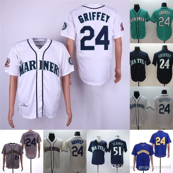 

#24 Ken Griffey Jr. Jersey Mens Seattle 51 Ichiro Suzuki 100% Stitched Embroidery Logos Mariners Baseball Jerseys White Green Beige Navy