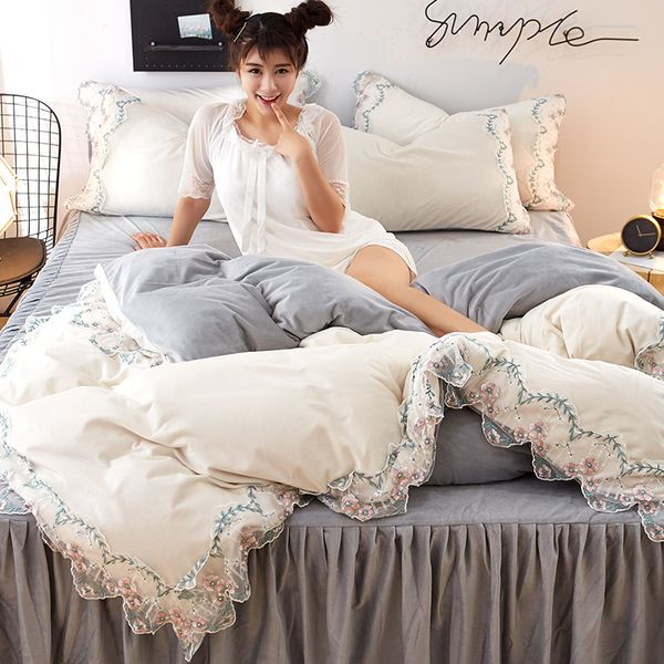 

4pcs warm crystal velvet princess style lace bed set duvet cover bed skirt pillowcases  king white grey pink girls set