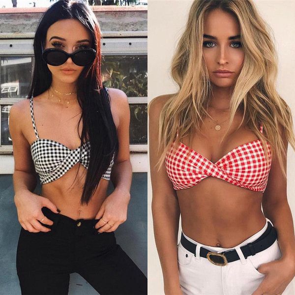 

imcute fashion women girls white black plaid back bow crop bralette bras streetwear camisole tank women cami female