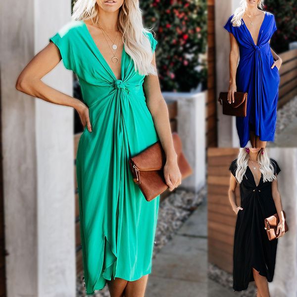

2020 dress front twist vent solid color short sleeve v lead dress