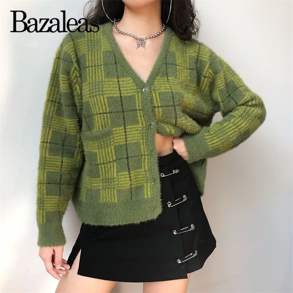 

bazaleas streetwear green tartan print women sweater fashion all match harajuku cardigans oversized sweater plus size, White