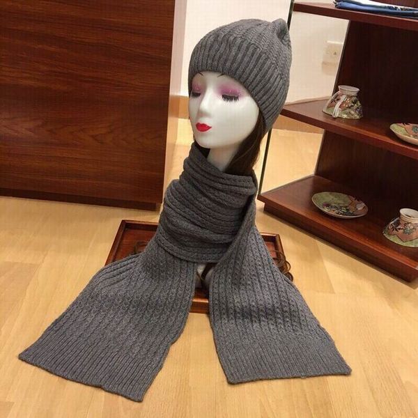 

2020 cotton grey knitting hats strips scarves sets women comfortable warm hats and scarves with box, Blue;gray