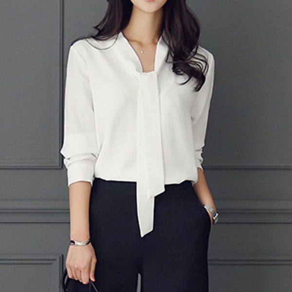 

zebery tie collar simple business style blouse shirt long sleeve woman shirt microfiber office clothes woman, White