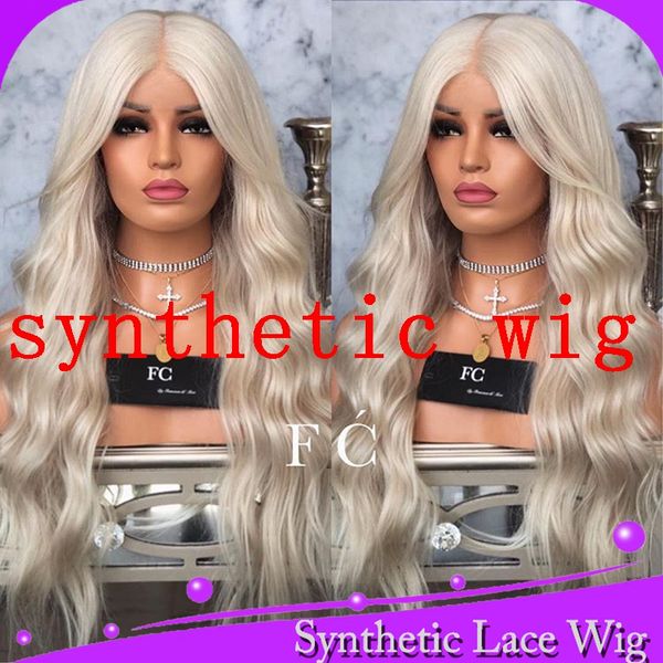 

mhazel высокотемпературные волосы длинная объемная волна платиновый блондин парик средняя часть синтетический парик фронта шнурка для женщин, Black