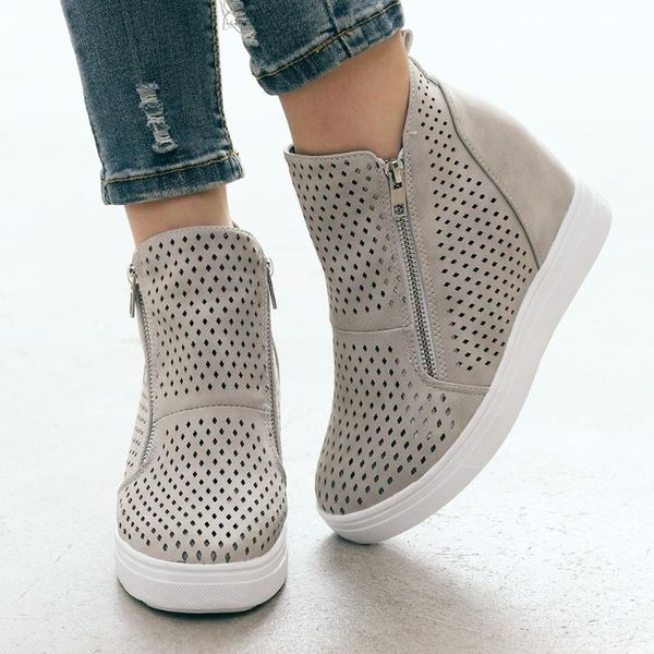 

women's boots summer cute flock flat low hidden wedges solid cut-outs ankle boots ladies dress casual shoes #g3, Black