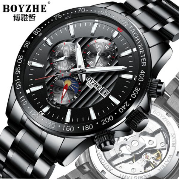 

boyzhe automatic watch black dial mechanical luminous men's sport watch stainless steel waterproof luxury relogio masculino, Slivery;brown