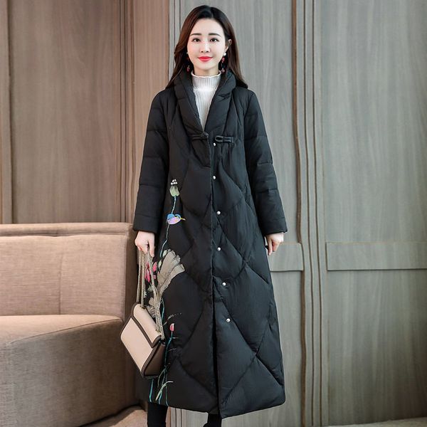 

winter jacket women chinese national style women down jacket female parka white duck down coat long parkas for winter women, Black
