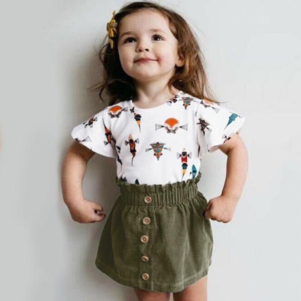 

toddler baby girls cartoon t-shirt buttons skirts outfits short kids girls sleeve skirts set summer roupa infantil menina, White