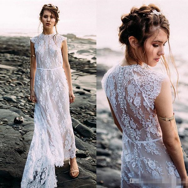 

2018 vintage full lace beach wedding dresses ankle length jewel neck covered buttons with train bohomian wedding gowns custom made, White